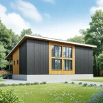 Проект дома «В-98» из СИП-панелей, 98 м² — одноэтажный дом с односкатной крышей, тёмный сайдинг и дерево, панорамные окна | HotWell.KZ
