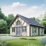 Проект дома «В-87» из СИП-панелей, 87 м² — одноэтажный дом в стиле фахверк с белой штукатуркой и панорамными окнами | HotWell.KZ