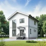 Проект дома «В-104» из СИП-панелей, 104 м² — двухэтажный дом с белым сайдингом и крыльцом с козырьком | HotWell.KZ