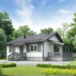 Проект дома «В-93ББ» из СИП-панелей, 93 м² — одноэтажный дом с белым сайдингом, тёмной крышей и террасой | HotWell.KZ
