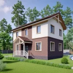 Проект дома «В-124» из СИП-панелей, 124 м² — двухэтажный дом с белой штукатуркой и тёмным кирпичом, крыльцо с навесом | HotWell.KZ