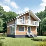 Проект дома «Г-105» из СИП-панелей, 105 м² — двухэтажный деревянный дом, каменный цоколь, балкон, крыльцо с лестницей | HotWell.KZ