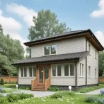 Проект дома «Г-113» из СИП-панелей, 113 м² — двухэтажный дом со светлым сайдингом и крыльцом-террасой | HotWell.KZ