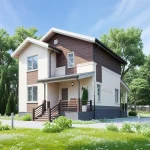 Проект дома «Д-110ББ» из СИП-панелей, 110 м² — двухэтажный дом с бежевой штукатуркой, деревянной отделкой и крыльцом | HotWell.KZ