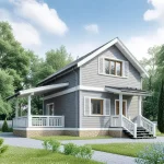 Проект дома «З-104» из СИП-панелей, 104 м² — двухэтажный дом с серым сайдингом и крытой террасой, белые перила | HotWell.KZ