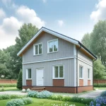 Проект дома «З-112» из СИП-панелей, 112 м² — двухэтажный дом с серым вертикальным сайдингом, кирпичным цоколем и крыльцом | HotWell.KZ