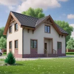Проект дома «З-125» из СИП-панелей, 125 м² — дом с мансардой, белая штукатурка и кирпичный цоколь, тёмная крыша | HotWell.KZ