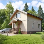 Проект дома «З-125ББ» из СИП-панелей, 125 м² — двухэтажный дом с бежевой штукатуркой и крыльцом со ступенями | HotWell.KZ