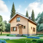 Проект дома «И-102» из СИП-панелей, 102 м² — двухэтажный дом с деревянным фасадом и двускатной крышей, козырёк над входом | HotWell.KZ