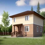 Проект дома «И-124» из СИП-панелей, 124 м² — двухэтажный дом с кирпичным низом и бежевой штукатуркой, коричневая крыша | HotWell.KZ