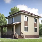 Проект дома «Л-91ББ» из СИП-панелей, 91 м² — двухэтажный дом с бежевым кирпичом и четырёхскатной крышей, крытое крыльцо | HotWell.KZ