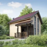 Проект дома «Л-105» из СИП-панелей, 105 м² — дом с мансардой, бежевый фасад с кирпичом, бордовая крыша, крыльцо | HotWell.KZ