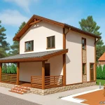 Проект дома «Л-94ББ» из СИП-панелей, 94 м² — дом с мансардой, белой штукатуркой и крытой террасой на каменном цоколе | HotWell.KZ