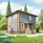 Проект дома «Л-122» из СИП-панелей, 122 м² — двухэтажный дом с серым сайдингом и деревянными вставками, крыльцо | HotWell.KZ