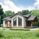 Проект дома «М-90» из СИП-панелей, 90 м² — одноэтажный дом из светлого кирпича, деревянная отделка, панорамные окна, терраса | HotWell.KZ