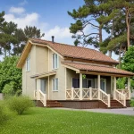 Проект дома «М-96» из СИП-панелей, 96 м² — дом с мансардой, светлый кирпич, коричневая черепичная крыша, терраса | HotWell.KZ
