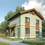 Проект дома «М-120» из СИП-панелей, 120 м² — двухэтажный дом с оливковой отделкой, деревянными вставками и двускатной крышей | HotWell.KZ