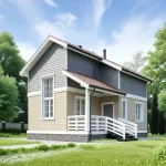 Проект дома «Н-71» из СИП-панелей, 71 м² — двухэтажный дом с серым сайдингом, бежевым кирпичом и крыльцом под навесом | HotWell.KZ