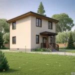 Проект дома «Н-71ББ» из СИП-панелей, 71 м² — двухэтажный дом с бежевой штукатуркой и крыльцом под навесом | HotWell.KZ