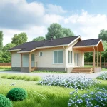 Проект дома «Н-84ББ» из СИП-панелей, 84 м² — одноэтажный дом со светлым сайдингом и крытой террасой, панорамные окна | HotWell.KZ