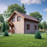 Проект дома «Н-104ББ» из СИП-панелей, 104 м² — дом с мансардой из светлого камня, коричневая двускатная крыша, деревянное крыльцо | HotWell.KZ