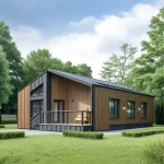Проект дома «Н-85» из СИП-панелей, 85 м² — одноэтажный дом с деревянной обшивкой и графитовыми вставками, односкатная крыша, терраса | HotWell.KZ