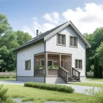 Проект дома «Н-97» из СИП-панелей, 97 м² — дом с мансардой, белый сайдинг, серая крыша, крыльцо с навесом | HotWell.KZ