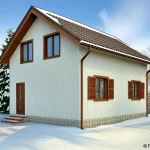 Проект дома «О-104» из СИП-панелей, 104 м² — дом с мансардой, белая штукатурка, коричневая двускатная крыша, деревянные ставни | HotWell.KZ