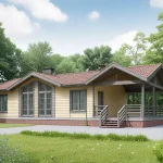 Проект дома «О-90» из СИП-панелей, 90 м² — одноэтажный дом со светло-жёлтым сайдингом, красной черепичной крышей и террасой | HotWell.KZ