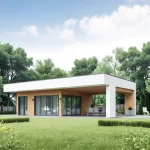 Проект дома «П-52» из СИП-панелей, 52 м² — одноэтажный дом с плоской крышей, деревянным фасадом и панорамными окнами | HotWell.KZ