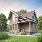 Проект дома «П-100» из СИП-панелей, 100 м² — дом с мансардой со светлым каменным фасадом, панорамными окнами и террасой | HotWell.KZ