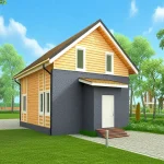 Проект дома «П-109ББ» из СИП-панелей, 109 м² — двухэтажный дом с деревянной обшивкой и серой штукатуркой под двускатной крышей | HotWell.KZ