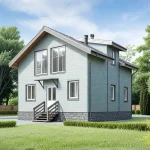Проект дома «П-122ББ» из СИП-панелей, 122 м² — двухэтажный дом с серо-голубым сайдингом, двускатной крышей и крыльцом | HotWell.KZ