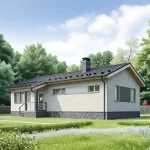 Проект дома «Р-98» из СИП-панелей, 98 м² — одноэтажный дом из белого кирпича с тёмной крышей и панорамными окнами | HotWell.KZ