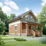Проект дома «Р-90» из СИП-панелей, 90 м² — двухэтажный дом с кирпичным низом и серой штукатуркой, крытое крыльцо | HotWell.KZ