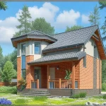 Проект дома «Р-110» из СИП-панелей, 110 м² — двухэтажный дом из красного кирпича с деревянной террасой и эркером | HotWell.KZ