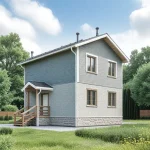 Проект дома «С-98ББ» из СИП-панелей, 98 м² — двухэтажный дом с серым сайдингом и белым кирпичом, крыльцо под навесом | HotWell.KZ