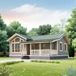 Проект дома «С-97» из СИП-панелей, 97 м² — одноэтажный дом из серого кирпича, зелёная двускатная крыша, терраса, панорамные окна | HotWell.KZ