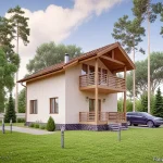 Проект дома «С-96» из СИП-панелей, 96 м² — двухэтажный дом с белой штукатуркой и балконом на втором этаже | HotWell.KZ