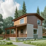 Проект дома «С-94ВВ» из СИП-панелей, 94 м² — двухэтажный дом с деревянной обшивкой и серой штукатуркой, терраса | HotWell.KZ