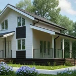 Проект дома «С-98ВВ» из СИП-панелей, 98 м² — дом с мансардой, белый фасад с тёмными вставками, просторная терраса | HotWell.KZ