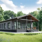 Проект дома «С-92» из СИП-панелей, 92 м² — одноэтажный дом из серого кирпича с панорамными окнами и крытой террасой | HotWell.KZ