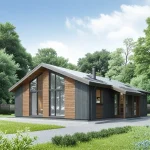 Проект дома «Т-98» из СИП-панелей, 98 м² — одноэтажный дом с серым сайдингом и деревянными вставками, панорамные окна | HotWell.KZ