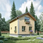 Проект дома «У-100» из СИП-панелей, 100 м² — двухэтажный дом с жёлтым деревянным сайдингом и двускатной крышей | HotWell.KZ
