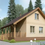 Проект дома «Х-94» из СИП-панелей, 94 м² — дом с мансардой, светлая штукатурка и большая деревянная терраса | HotWell.KZ