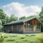 Проект дома «Ш-80» из СИП-панелей, 80 м² — одноэтажный дом с тёмным сайдингом и деревянной террасой под навесом | HotWell.KZ
