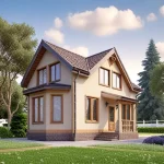 Проект дома «Ш-120ББ» из СИП-панелей, 120 м² — двухэтажный дом с бежевой штукатуркой и коричневой черепичной крышей, деревянные наличники | HotWell.KZ