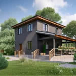 Проект дома «Э-98» из СИП-панелей, 98 м² — двухэтажный дом из тёмно-серого кирпича с просторной террасой | HotWell.KZ
