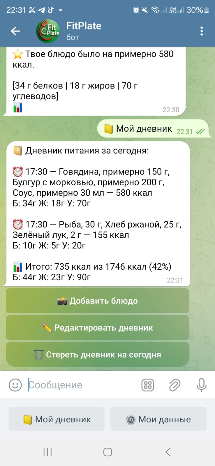 Дневник питания в Telegram-боте FitPlate