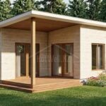 Проект дома «М-43» из СИП-панелей, 43 м² — одноэтажный дом со светлым фасадом, плоской крышей и террасой с панорамными окнами | HotWell.KZ